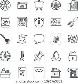 Thin Line Icon Set - team vector, presentation board, drawing pin, document reload, circle chart, garden fork, rake, house, water drop, fertilizer, scales, heart hand, message, alarm, stopwatch, fan