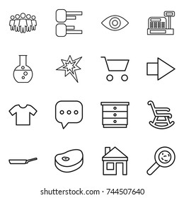 thin line icon set : team, diagram, eye, cashbox, round flask, bang, cart, right arrow, t shirt, sms, chest of drawers, rocking chair, pan, steake, house, viruses