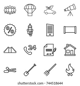 thin line icon set : team, parachute, eco car, telescope, percent, spark plug, skyscraper, fence, pyramid, phone 24, inventory, home, scissors, shovel, fork, fire