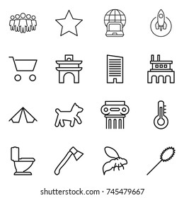 thin line icon set : team, star, notebook globe, rocket, cart, arch, skyscraper, factory, tent, dog, antique column, thermometer, toilet, axe, wasp, duster