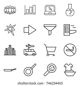 thin line icon set : team, graph, notebook, round flask, bang, right arrow, funnel, hotel, transfer, cart, no smoking, pan, viruses, handle washing