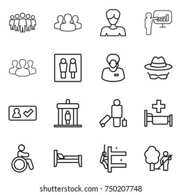 thin line icon set : team, group, woman, presentation, wc, support manager, confidential, check in, detector, passenger, hospital, invalid, bed, skyscrapers cleaning, garden