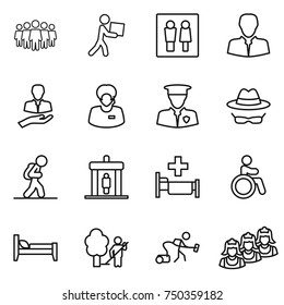 Thin Line Icon Set : Team, Courier, Wc, Client, Support Manager, Security Man, Confidential, Tourist, Detector, Hospital, Invalid, Bed, Garden Cleaning, Vacuum Cleaner, Outsource