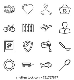 thin line icon set : team, heart, car pointer, delete cart, bike, fence, plane, client, photo, shield, mixer, ladle, induction oven, trailer, fish, duster