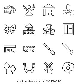 thin line icon set : team, trophy, warehouse, virus, bow, cottage, modern architecture, window, gas station, bus, big spoon, fork, trees, horseshoe, windmill, garden