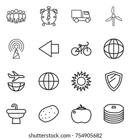thin line icon set : team, alarm clock, truck, windmill, antenna, left arrow, bike, globe, plane shipping, sun, shield, sink, potato, tomato, pancakes