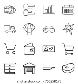 thin line icon set : team, diagram, graph, calendar, truck, parachute, smart glasses, bang, cart, wallet, check in, chest of drawers, garage, pan, steake