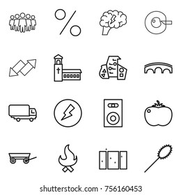 Thin line icon set : team, percent, brain, cell corection, up down arrow, church, modern architecture, bridge, shipping, electricity, speaker, tomato, trailer, fire, clean window, duster