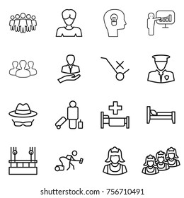 thin line icon set : team, woman, bulb head, presentation, group, client, do not trolley sign, security man, confidential, passenger, hospital, bed, skysrcapers cleaning, vacuum cleaner, outsource