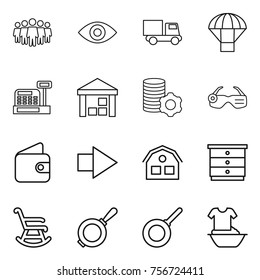 thin line icon set : team, eye, truck, parachute, cashbox, warehouse, virtual mining, smart glasses, wallet, right arrow, house, chest of drawers, rocking chair, pan, handle washing