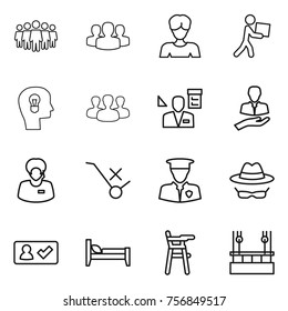 Thin line icon set : team, group, woman, courier, bulb head,  client, support manager, do not trolley sign, security man, confidential, check in, bed, Chair for babies