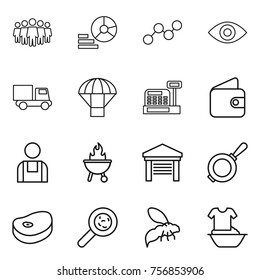 Thin line icon set : team, diagram, graph, eye, truck, parachute, cashbox, wallet, workman, bbq, garage, pan, steake, viruses, wasp, handle washing