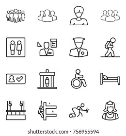 Thin line icon set : team, group, woman, wc, architect, security man, tourist, check in, detector, invalid, bed, skysrcapers cleaning, skyscrapers, vacuum cleaner