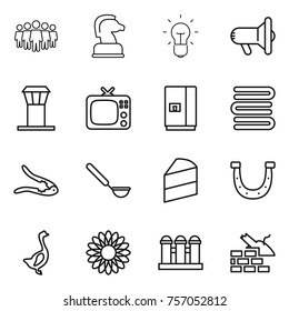 Thin line icon set : team, chess horse, bulb, megafon, airport tower, tv, fridge, towels, walnut crack, ladle, cake, horseshoe, goose, flower, grain elevator, construct garbage
