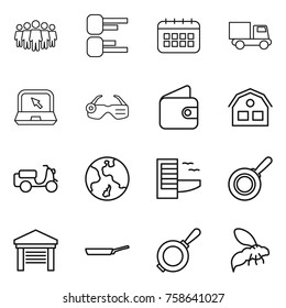 Thin line icon set : team, diagram, calendar, truck, notebook, smart glasses, wallet, house, scooter shipping, earth, hotel, pan, garage, wasp