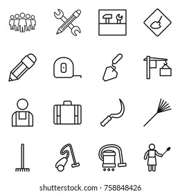 Thin line icon set : team, pencil wrench, tools, under construction, measuring tape, loading, workman, suitcase, sickle, rake, vacuum cleaner, woman with duster