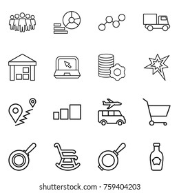 Thin line icon set : team, diagram, graph, truck, warehouse, notebook, virtual mining, bang, route, sorting, transfer, cart, pan, rocking chair, ketchup