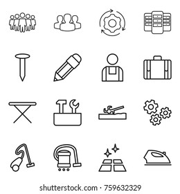 Thin line icon set : team, group, around gear, server, nail, pencil, workman, suitcase, iron board, repair tools, soil cutter, gears, vacuum cleaner, clean floor