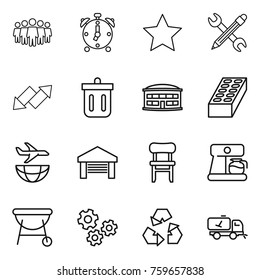 Thin line icon set : team, alarm clock, star, pencil wrench, up down arrow, bin, airport building, brick, plane shipping, garage, chair, coffee maker, bbq, gears, recycling, home call cleaning