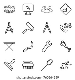 Thin line icon set : team, monitor arrow, group, under construction, draw compass, repair, drawing compasses, phone 24, iron board, sickle, wrench, blower, scraper, brush, duster, vacuum cleaner
