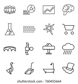 Thin line icon set : team, diagram, statistics, brain, flask, battery, bang, cart, bridge, satellite, restaurant, rain cloud, goose, scoop, bath, floor washing
