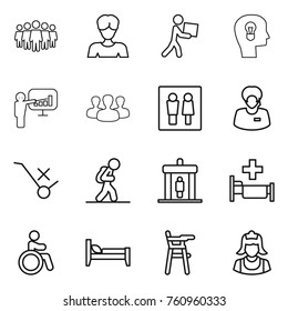 Thin line icon set : team, woman, courier, bulb head, presentation, group, wc, support manager, do not trolley sign, tourist, detector, hospital, invalid, bed, Chair for babies, cleaner