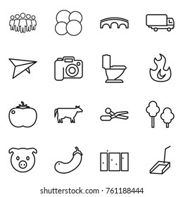 Thin line icon set : team, atom core, bridge, shipping, deltaplane, camera, toilet, fire, tomato, cow, scissors, trees, pig, eggplant, clean window, scoop