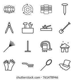 Thin line icon set : team, around gear, server, nail, drawing compasses, repair tools, soil cutter, shovel, rake, vacuum cleaner, house cleaning, gloves, brush, duster, floor washing