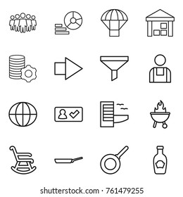 Thin line icon set : team, diagram, parachute, warehouse, virtual mining, right arrow, funnel, workman, globe, check in, hotel, bbq, rocking chair, pan, ketchup