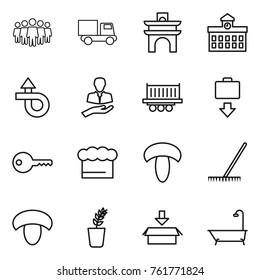 Thin line icon set : team, truck, arch, university, trip, client, shipping, baggage get, key, chief hat, mushroom, rake, seedling, package, bath