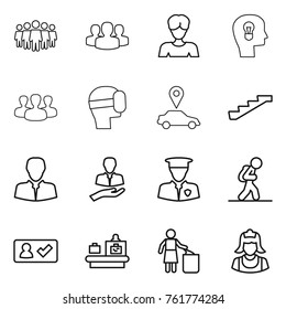 Thin line icon set : team, group, woman, bulb head, virtual mask, car pointer, stairs, client, security man, tourist, check in, baggage checking, garbage bin, cleaner