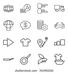 Thin line icon set : team, diagram, truck, parachute, money message, virtual mining, smart glasses, right arrow, t shirt, route, sorting, pan, wasp, handle washing