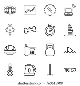 Thin line icon set : team, statistics, percent, notebook wireless, jet robot, bone, stopwatch, skyscraper, building helmet, phone, heavy, shark flipper, thermometer, kettle, rake, drying clothe