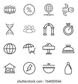 Thin line icon set : team, percent, globe connect, satellite, dna, group, arch, stopwatch, lounger, restaurant, service bell, home, electricity, cauldron, cleanser