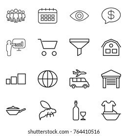 Thin line icon set : team, calendar, eye, money message, presentation, cart, funnel, house, sorting, globe, transfer, garage, pan, wasp, wine, handle washing