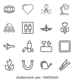 Thin line icon set : team, heart, virus, table lamp, lunar rover, wc, plane, perishable, passenger, repair tools, cutting board, fire, horseshoe, watering can, clothespin
