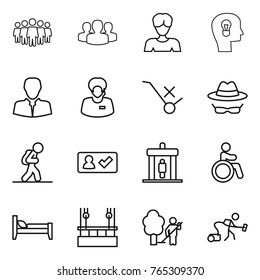 Thin line icon set : team, group, woman, bulb head, client, support manager, do not trolley sign, confidential, tourist, check in, detector, invalid, bed, skysrcapers cleaning, garden