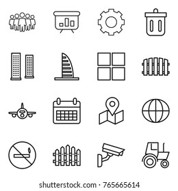 Thin line icon set : team, presentation, gear, bin, skyscrapers, skyscraper, window, fence, plane, calendar, map, globe, no smoking, surveillance camera, tractor