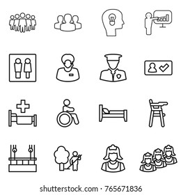 Thin Line Icon Set : Team, Group, Bulb Head, Presentation, Wc, Support Manager, Security Man, Check In, Hospital, Invalid, Bed, Chair For Babies, Skysrcapers Cleaning, Garden, Cleaner, Outsource