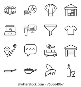 Thin line icon set : team, diagram, parachute, warehouse, notebook, presentation, funnel, t shirt, route, sms, transfer, garage, pan, wasp, wine
