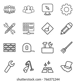 Thin line icon set : team, group, monitor arrow, gear, pencil wrench, server, under construction, brick wall, measuring tape, repair tools, fork, vacuum cleaner, clean floor, washing