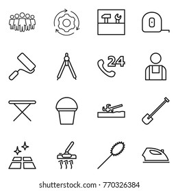 Thin line icon set : team, around gear, tools, measuring tape, repair, drawing compasses, phone 24, workman, iron board, bucket, soil cutter, shovel, clean floor, vacuum cleaner, duster
