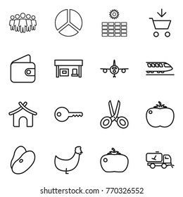 Thin line icon set : team, diagram, sun power, add to cart, wallet, gas station, plane, train, bungalow, key, scissors, tomato, beans, chicken, home call cleaning