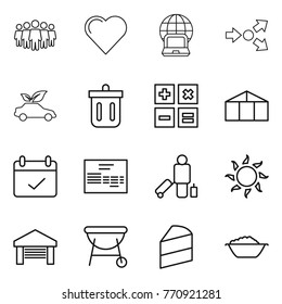 Thin line icon set : team, heart, notebook globe, core splitting, eco car, bin, calculator, greenhouse, terms, invoice, passenger, sun, garage, bbq, cake, foam basin
