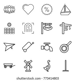 Thin line icon set : team, heart, percent, boat, sun power, fingerprint, shop signboard, tower crane, deltaplane, suitcase, water tap, pan, trailer, windmill, goose, rake