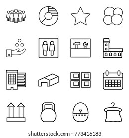 Thin line icon set : team, circle diagram, star, atom core, chemical industry, wc, tools, mansion, houses, warehouse, panel house, calendar, cargo top sign, heavy, egg timer, hanger
