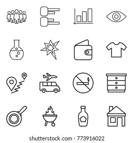 Thin line icon set : team, diagram, graph, eye, round flask, bang, wallet, t shirt, route, transfer, no smoking, chest of drawers, pan, bbq, ketchup, house