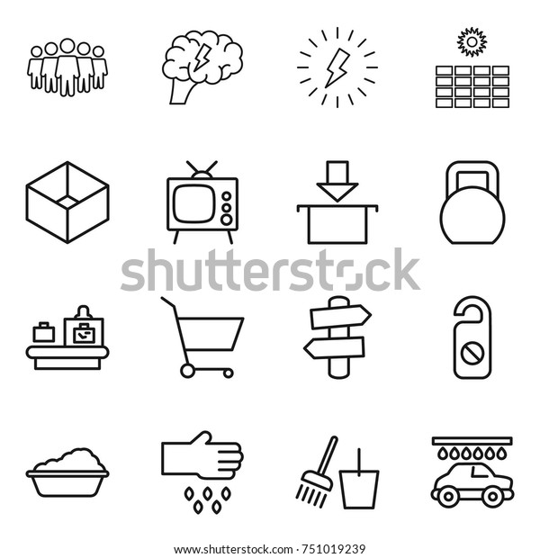 thin line icon\
set : team, brain, lightning, sun power, box, tv, package, heavy,\
baggage checking, cart, signpost, do not distrub, washing, sow,\
bucket and broom, car\
wash
