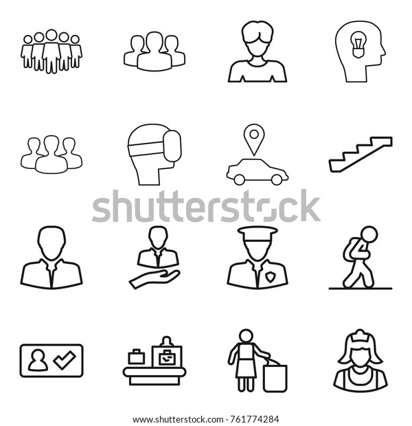 Thin line icon set : team,\
group, woman, bulb head, virtual mask, car pointer, stairs, client,\
security man, tourist, check in, baggage checking, garbage bin,\
cleaner
