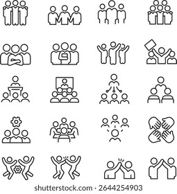 Thin line icon set of teamwork collaboration group community unity team people meeting organization leadership cooperation. Pixel perfect icons, editable stroke.